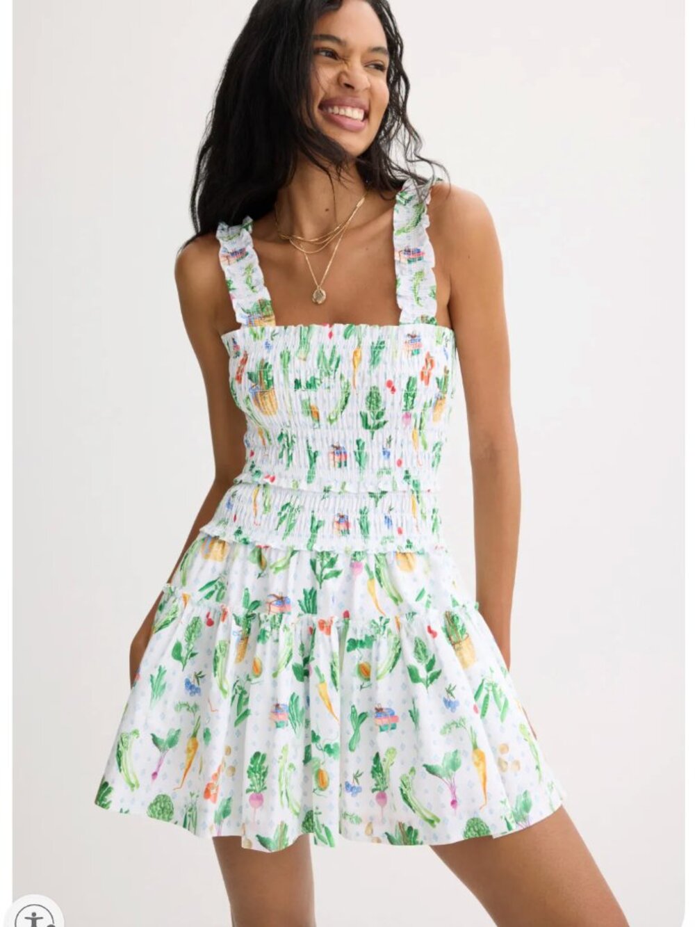Floral Smocked Mini Dress in White and Green - Picture 5 of 8